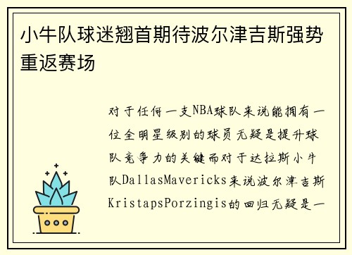 小牛队球迷翘首期待波尔津吉斯强势重返赛场