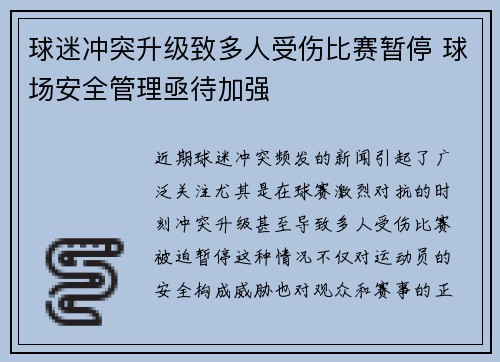 球迷冲突升级致多人受伤比赛暂停 球场安全管理亟待加强
