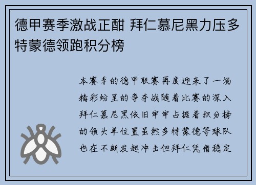 德甲赛季激战正酣 拜仁慕尼黑力压多特蒙德领跑积分榜